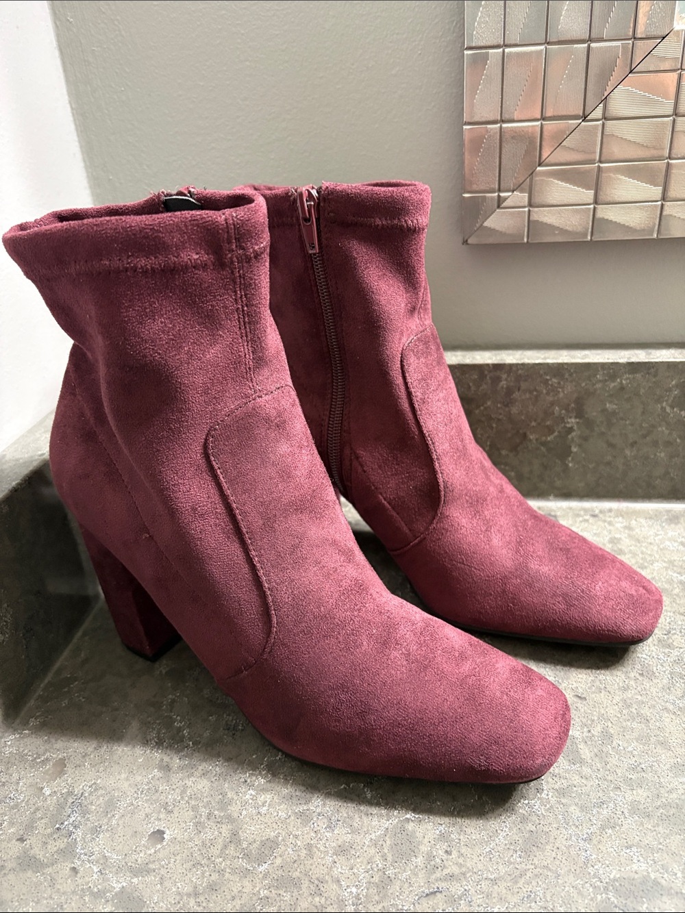 Le chateau Burgundy Suede Ankle Boots with Block Heel